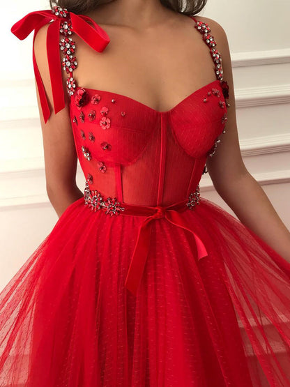 Sweetheart Neck Red Floral Long Prom Dress