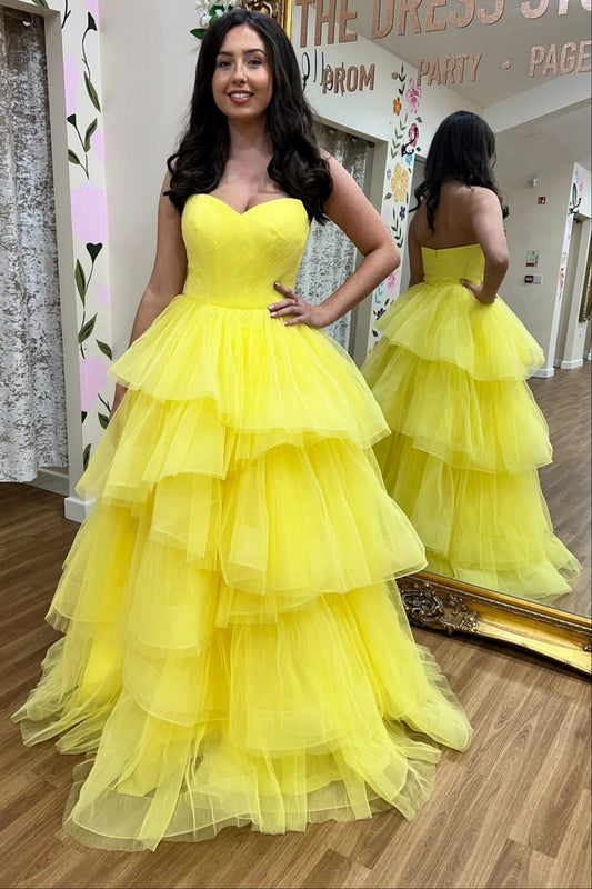 Sweetheart Neck Strapless Layered Yellow Tulle Long Prom Dress