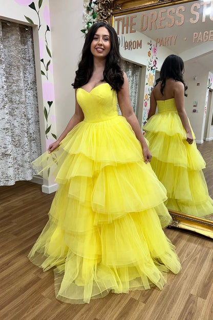 Sweetheart Neck Strapless Layered Yellow Tulle Long Prom Dress