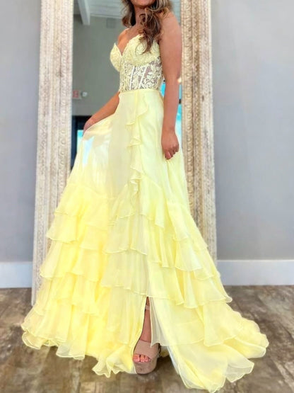 Sweetheart Neck Yellow Blue Red Lace Layered Long Prom Dress