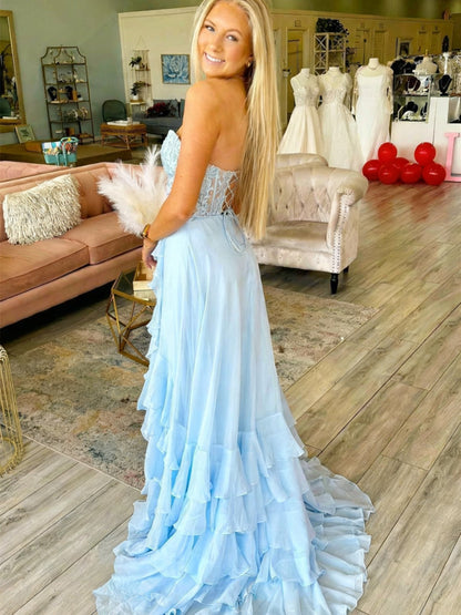 Sweetheart Neck Yellow Blue Red Lace Layered Long Prom Dress
