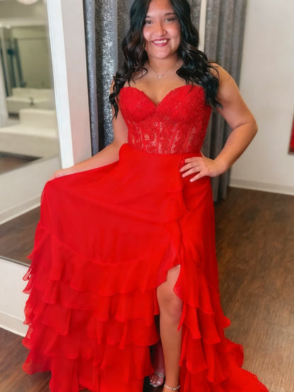 Sweetheart Neck Yellow Blue Red Lace Layered Long Prom Dress