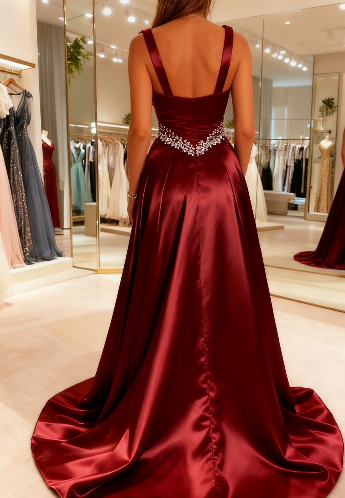 Sweetheart Straps Satin Beaded A-Line Prom Dress