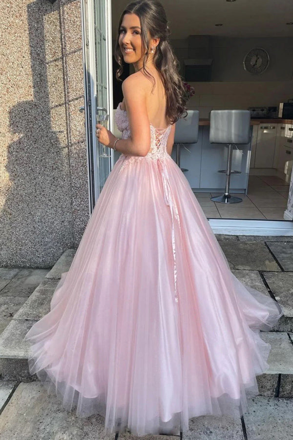 Sweetheart Tulle Lace Pink Long Prom Dress Pretty Party Dress