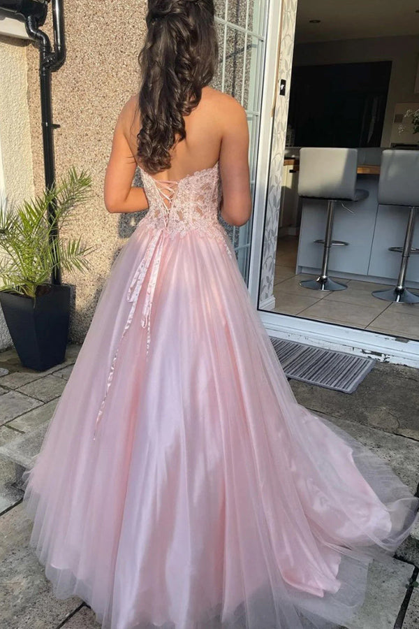 Sweetheart Tulle Lace Pink Long Prom Dress Pretty Party Dress