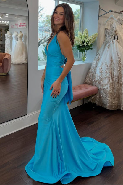 Sweety Mermaid Halter Neck Blue Long Prom Dress