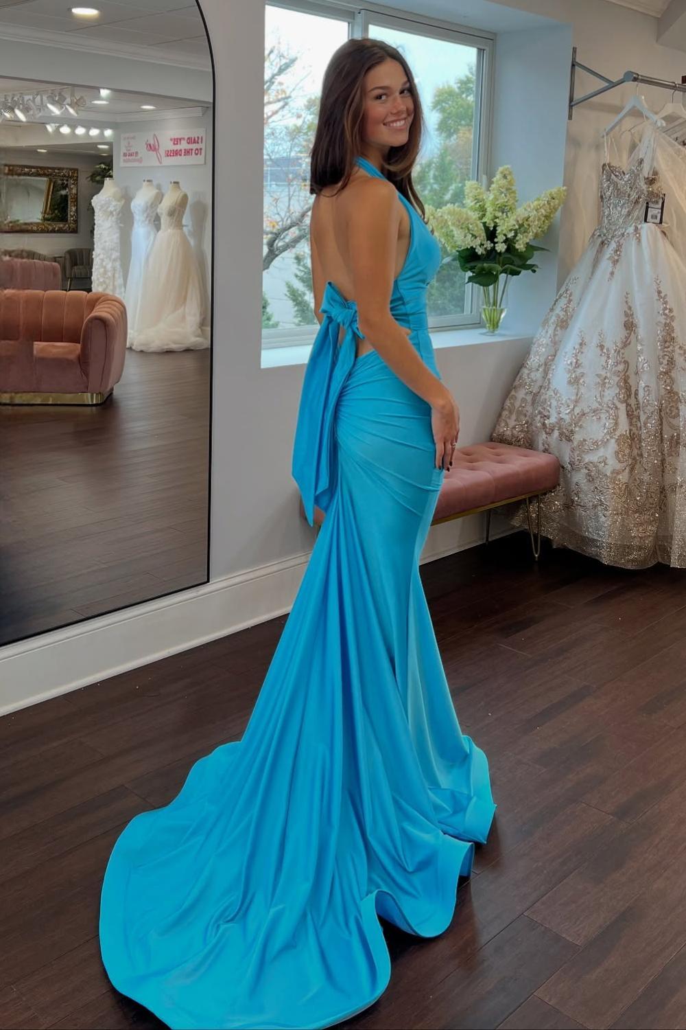 Sweety Mermaid Halter Neck Blue Long Prom Dress
