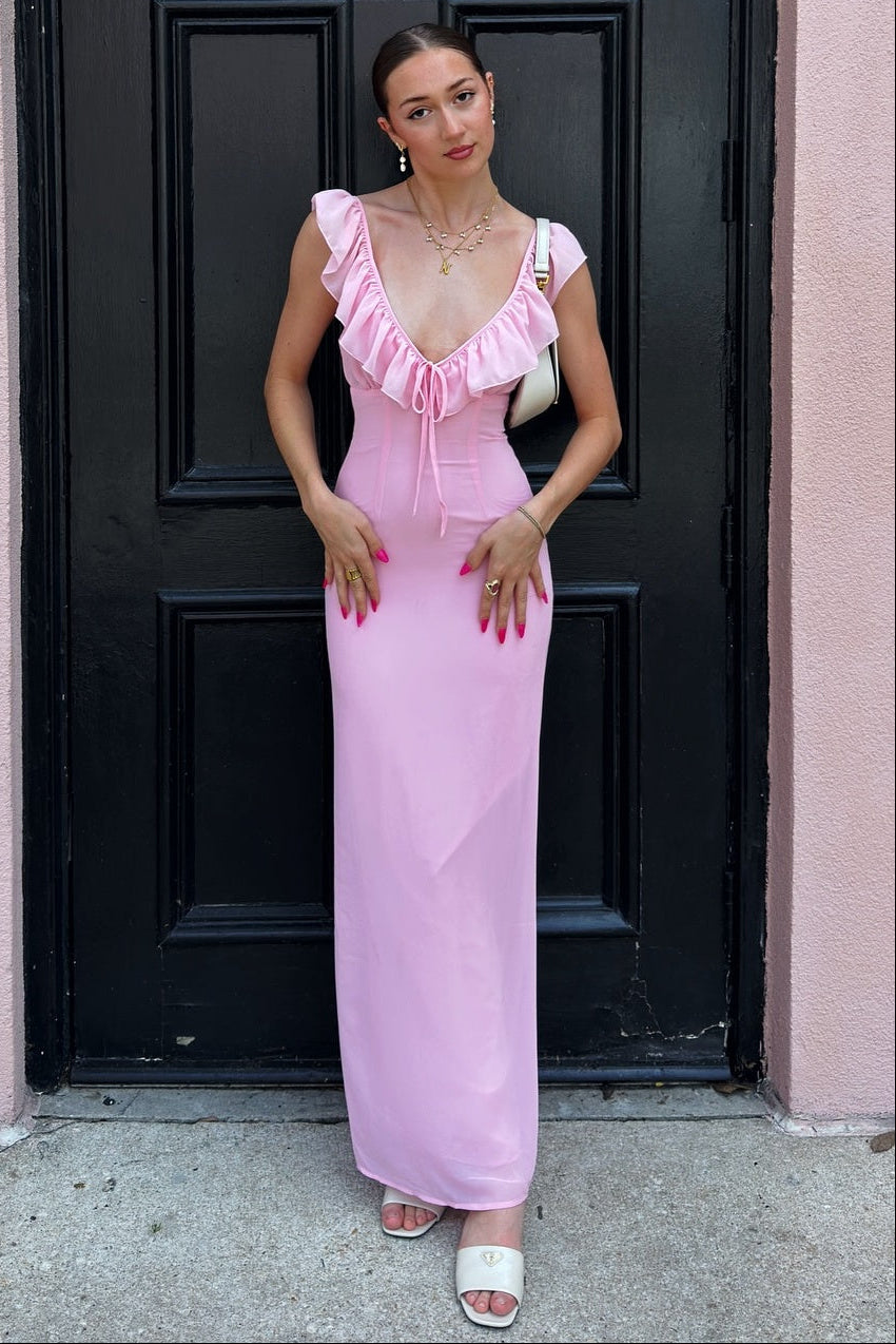 Sweety Mermaid V Neck Pink Long Prom Dress with Ruffles