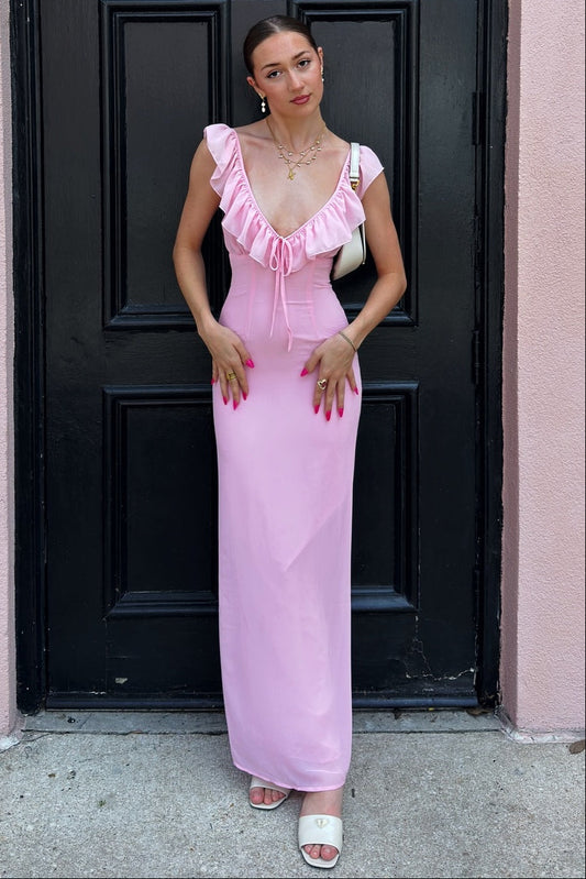 Sweety Mermaid V Neck Pink Long Prom Dress with Ruffles