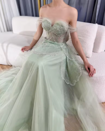 Sage Green A-Line Off The Shoulder Tulle Beaded Evening Dress
