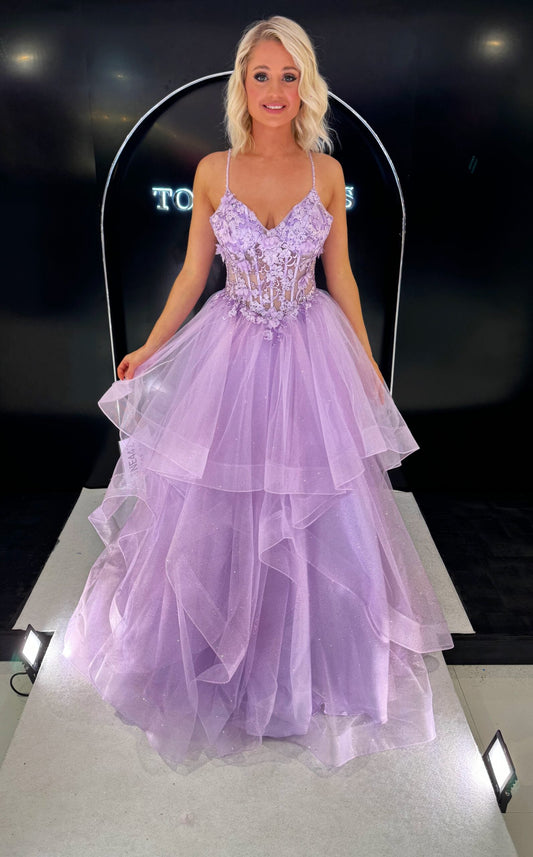 Lilac Spaghetti Straps V-Neck Prom Dress