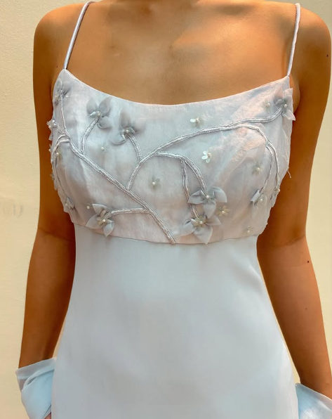 Blue Straps Chiffon Appliques Beaded Prom Evening Dress