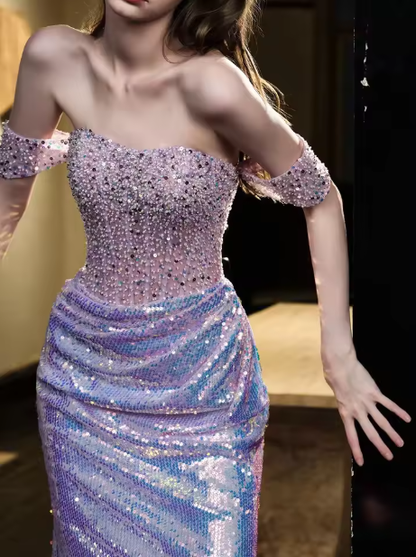 Glitter Off Shoulder Beaded Sequin Mermaid Prom Formal Evening Gown