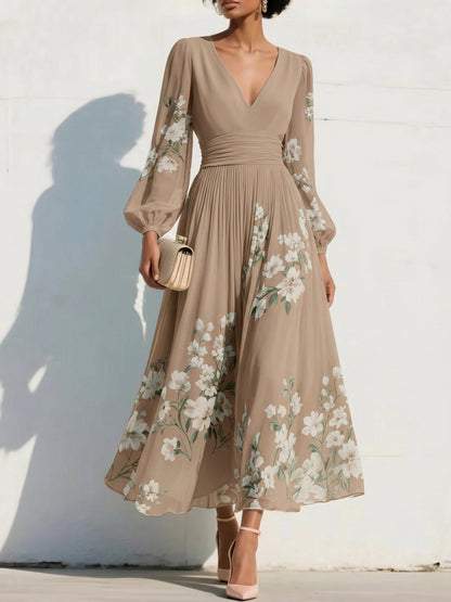 V-Neck Print-Chiffon Pleated Tea-Length Mother of the Bride Dress