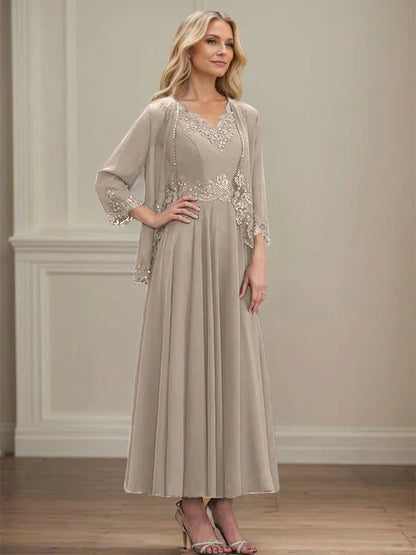 A-line V-Neck Ankle-Length Chiffon Mother of the Bride Dress