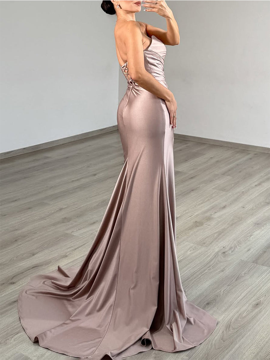 Strapless Satin Cutout Prom Dress with Crystal Detail