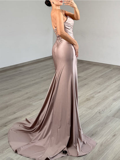 Strapless Satin Cutout Prom Dress with Crystal Detail
