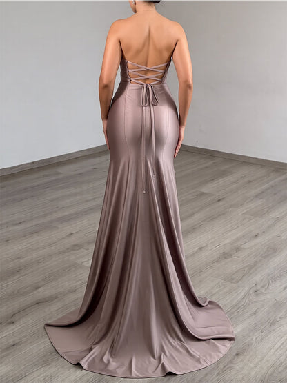 Strapless Satin Cutout Prom Dress with Crystal Detail