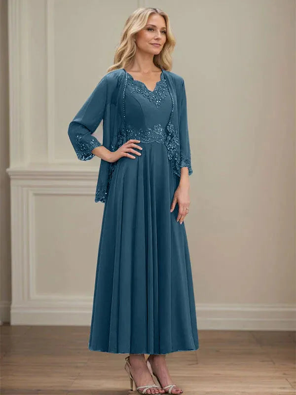 A-line V-Neck Ankle-Length Chiffon Mother of the Bride Dress