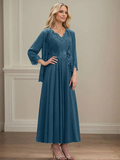 A-line V-Neck Ankle-Length Chiffon Mother of the Bride Dress