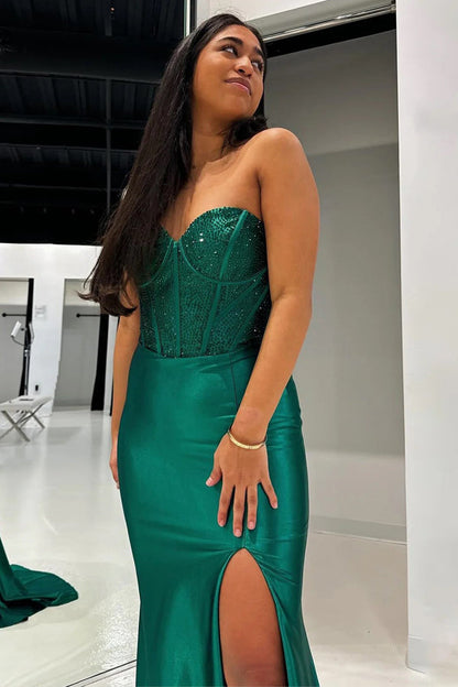 Rhinestone Strapless Sheath Green Prom Dress Formal Dress