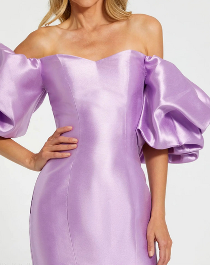 Lavender Off-Shoulder Mermaid Gown with Puff Sleeves