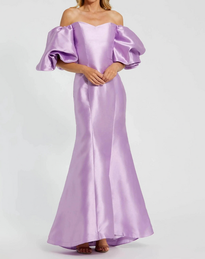 Lavender Off-Shoulder Mermaid Gown with Puff Sleeves