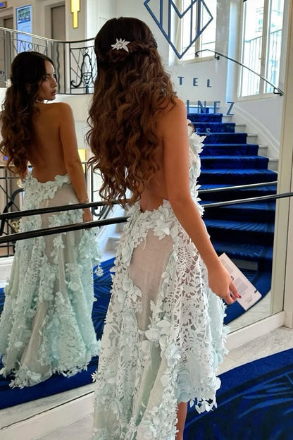 Trendy A Line Halter Neck Light Blue Long Prom Dress with Appliques