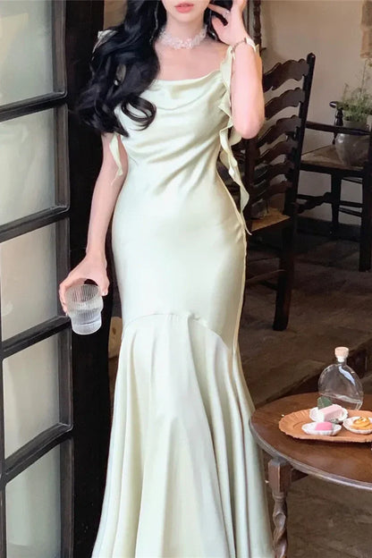 Trendy Mermaid Spaghetti Straps Light Pink Long Prom Dress with Ruffles