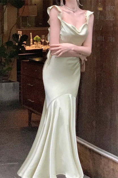 Trendy Mermaid Spaghetti Straps Light Pink Long Prom Dress with Ruffles