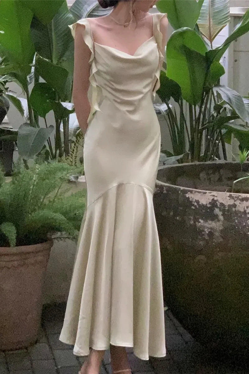 Trendy Mermaid Spaghetti Straps Light Pink Long Prom Dress with Ruffles