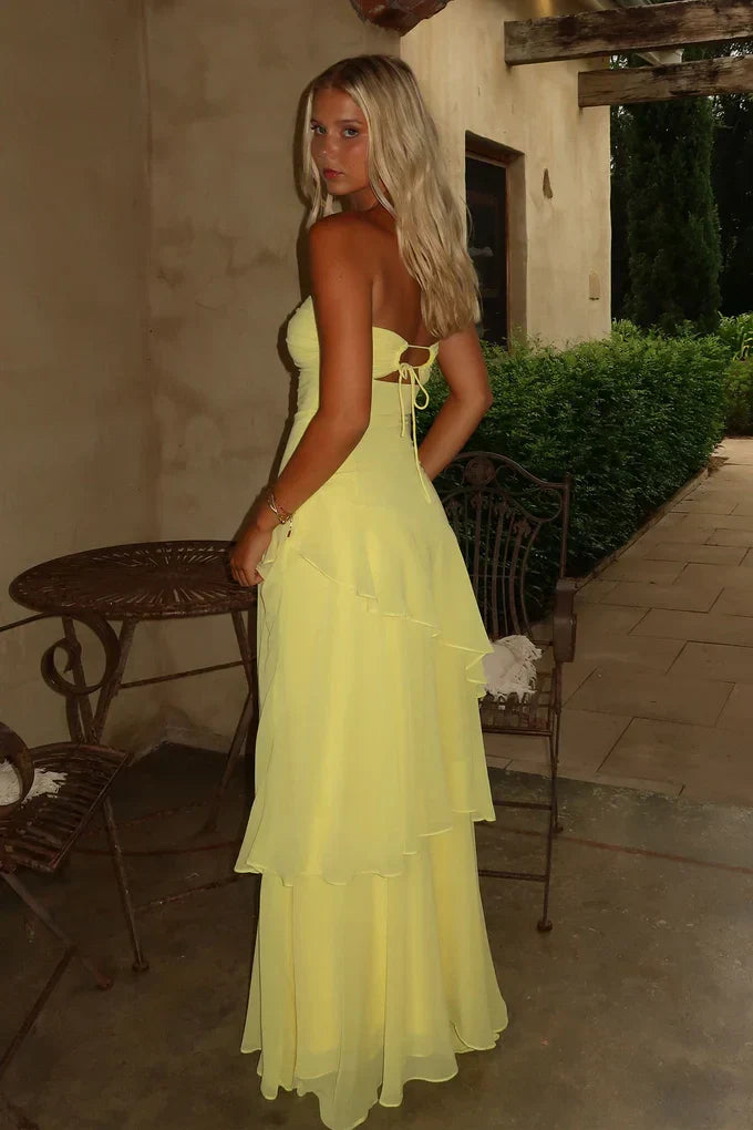 Trendy Mermaid Sweetheart Yellow  Long Prom Dress with Ruffles Keyholes