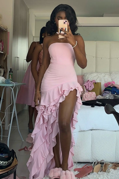 Trendy Sheath Strapless Pink Long Party Dress with Split