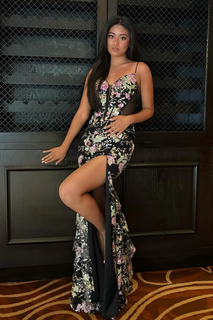 Trendy Mermaid Spaghetti Straps Black Corset Prom Dress with Appliques