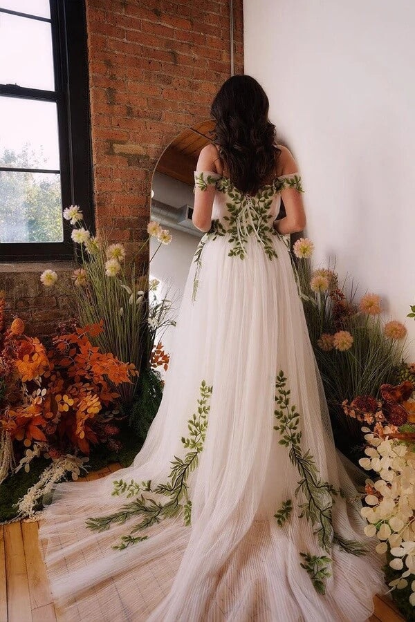 A Line Green Lace Off Shoulder Fairy Wedding Dress