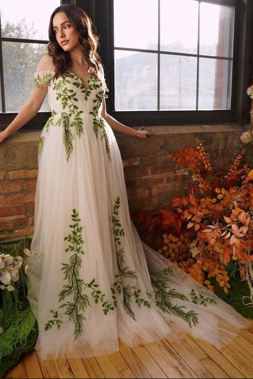 A Line Green Lace Off Shoulder Fairy Wedding Dress