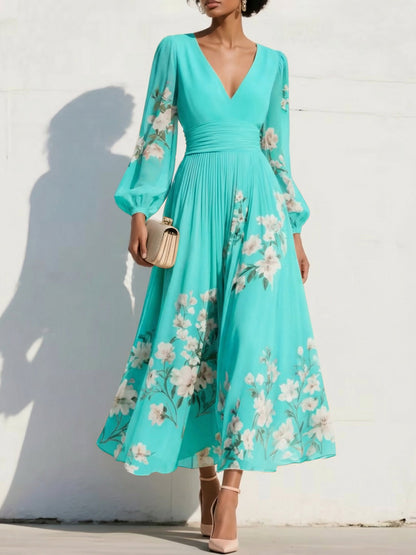 V-Neck Print-Chiffon Pleated Tea-Length Mother of the Bride Dress