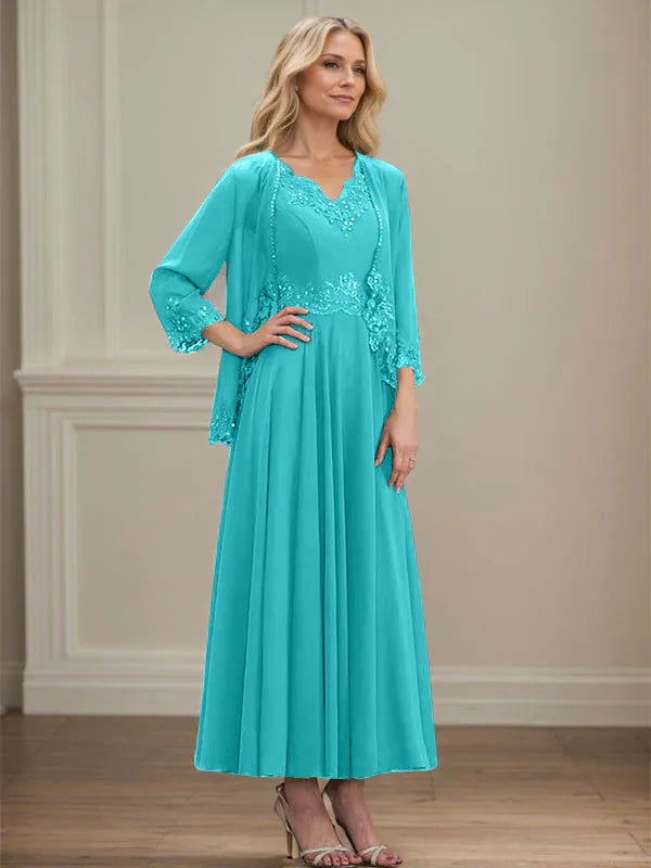 A-line V-Neck Ankle-Length Chiffon Mother of the Bride Dress