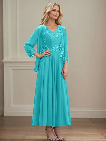A-line V-Neck Ankle-Length Chiffon Mother of the Bride Dress