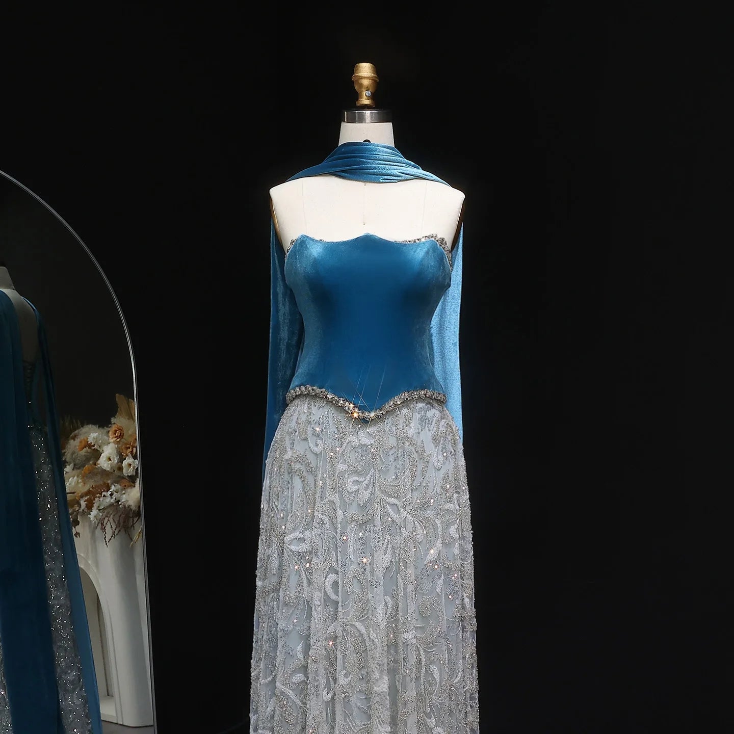 Luxury Blue Velvet Beaded Two Piece Evening Dress with Scarf SS793