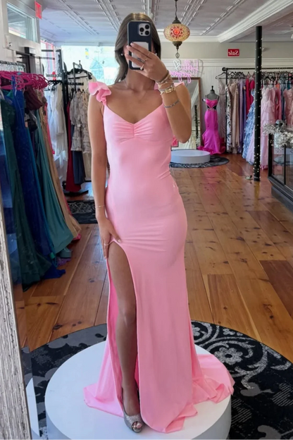 V-Neck Ruffle Straps Mermaid Satin Party Prom Dress