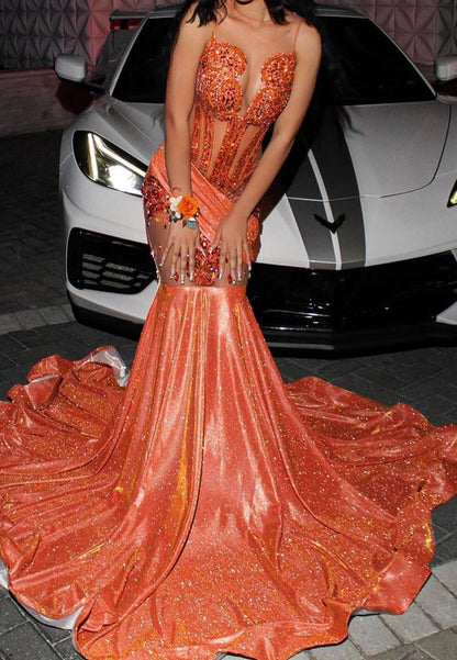 V-Neck Spaghetti Straps Beaded Pleated Sparkly Mermaid Prom Dress for Black Girls