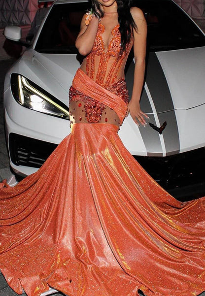 Spaghetti Straps Beaded Pleated Sparkly Mermaid Prom Dress