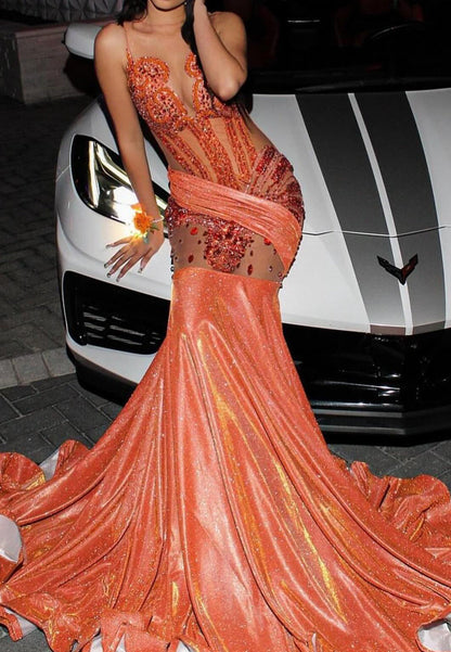 Spaghetti Straps Beaded Pleated Sparkly Mermaid Prom Dress