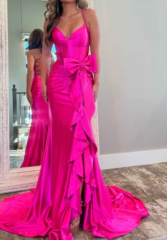 V-Neck Spaghetti Straps Ruffled Satin Pleated Sweep Train Mermaid Porm Dress