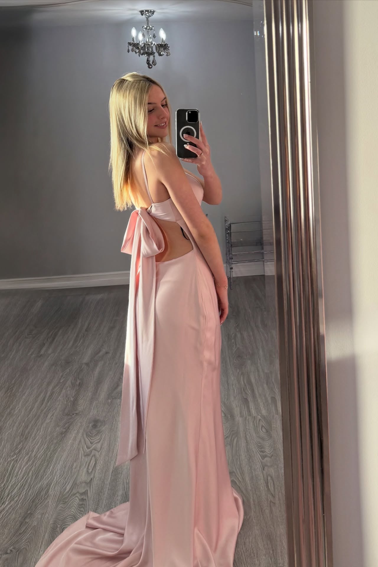 V-neck Light Pink Back Tie Mermaid Long Dress