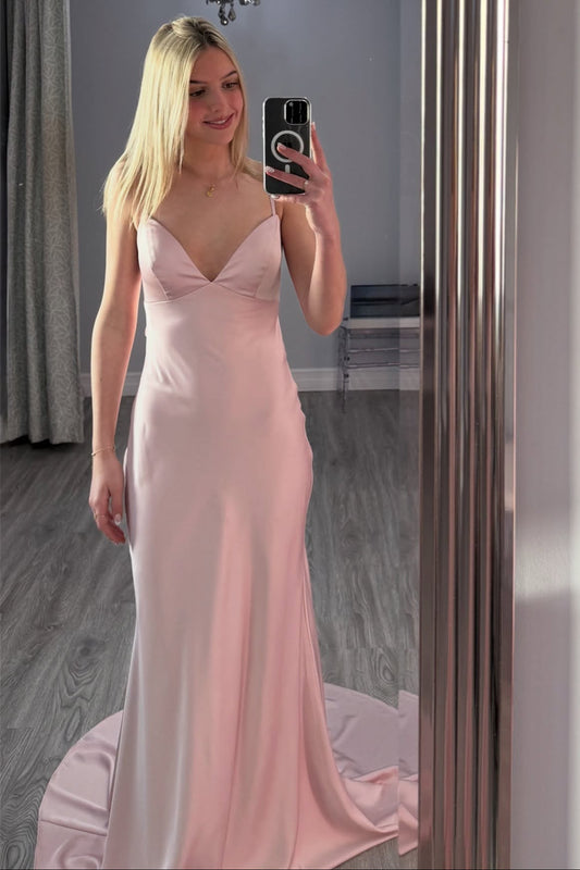 V-neck Light Pink Back Tie Mermaid Long Dress