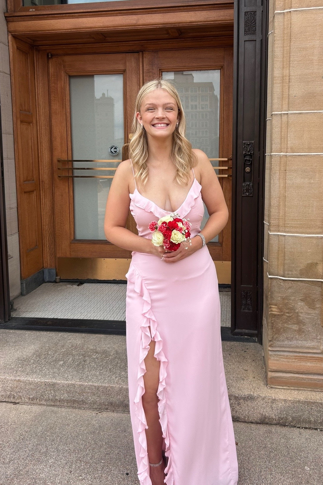 V-neck Light Pink Ruffle Hem Long Dress with Slit