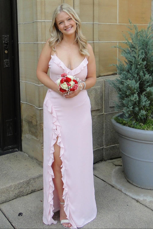 V-neck Light Pink Ruffle Hem Long Dress with Slit