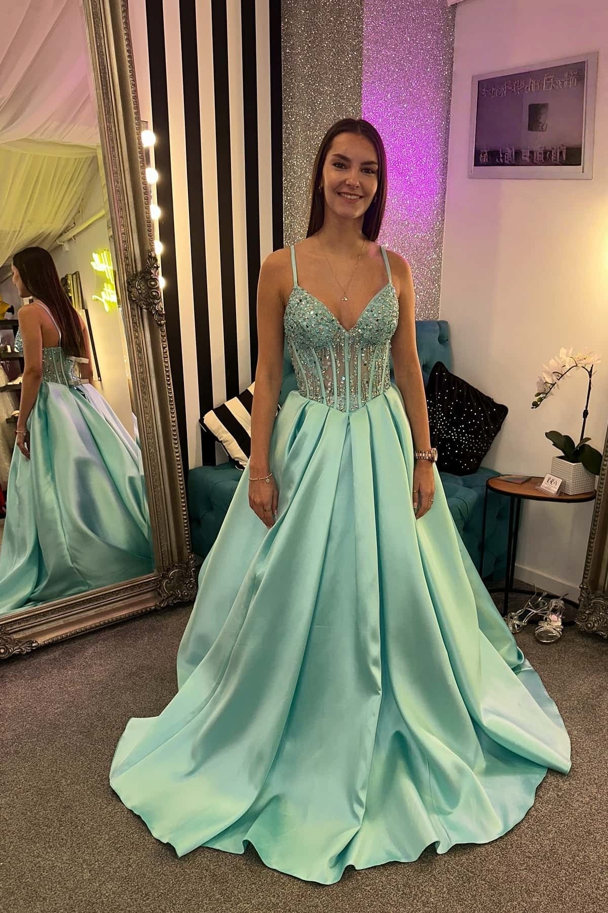V-neck Sage Green Beaded Pleated A-line Long Dress